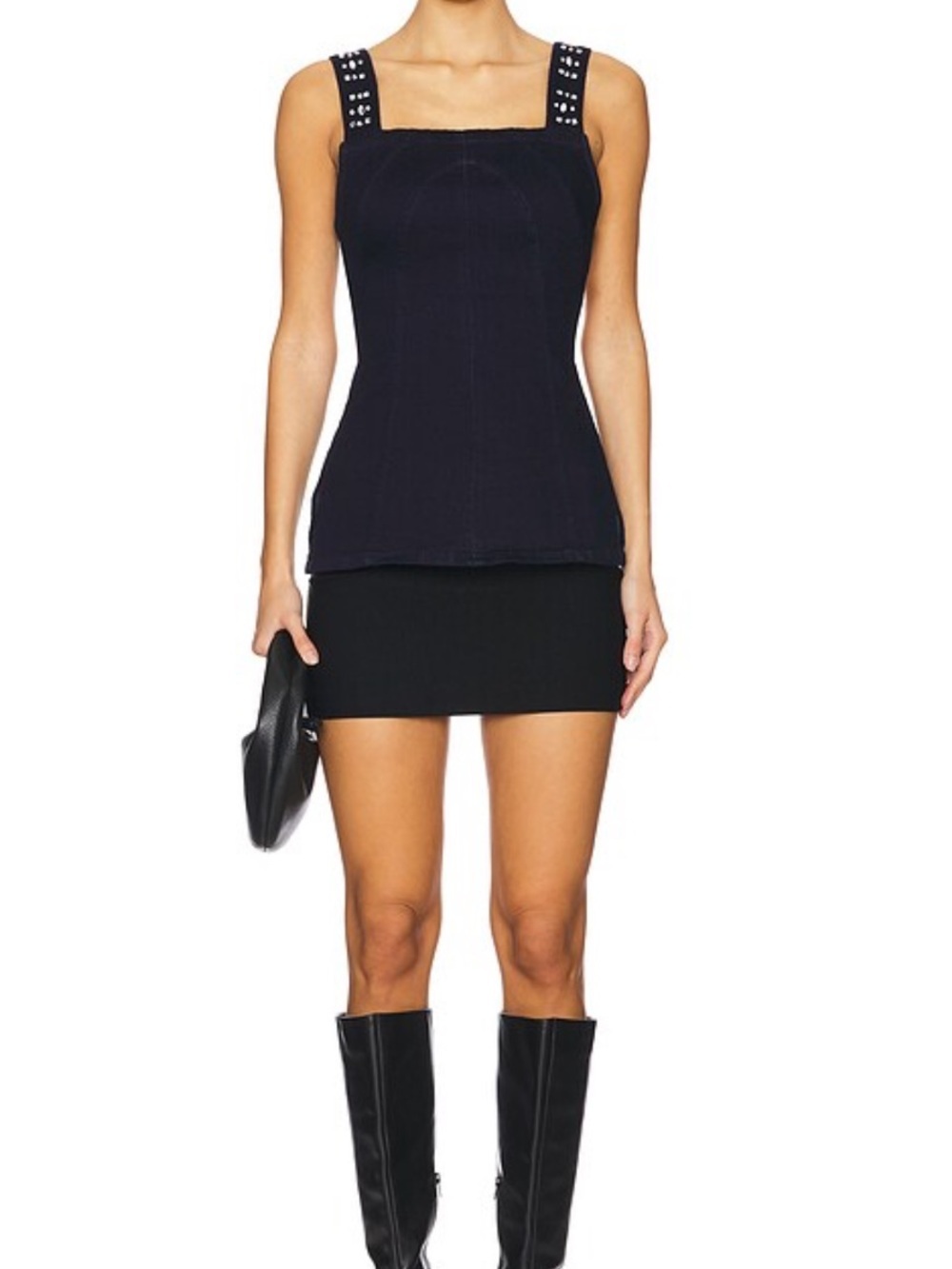 Free People Decked In Shine Rhinestone Stud-Trim Denim Tank Square Neck Small